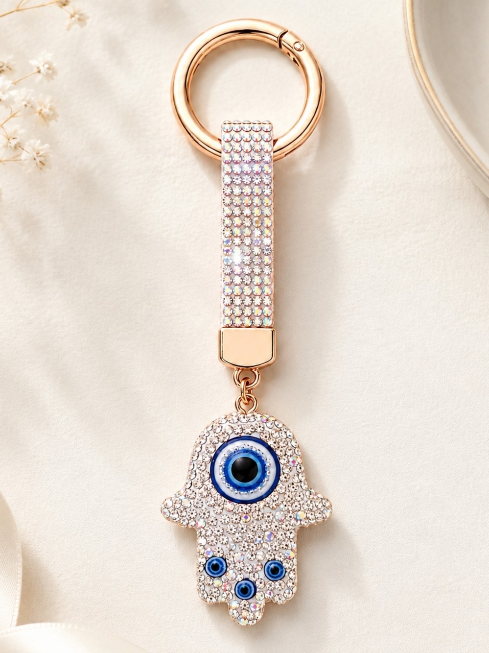 Rhinestone Hamsa Evil Eye Keychain, Sparkling Rose Gold Bag Charm